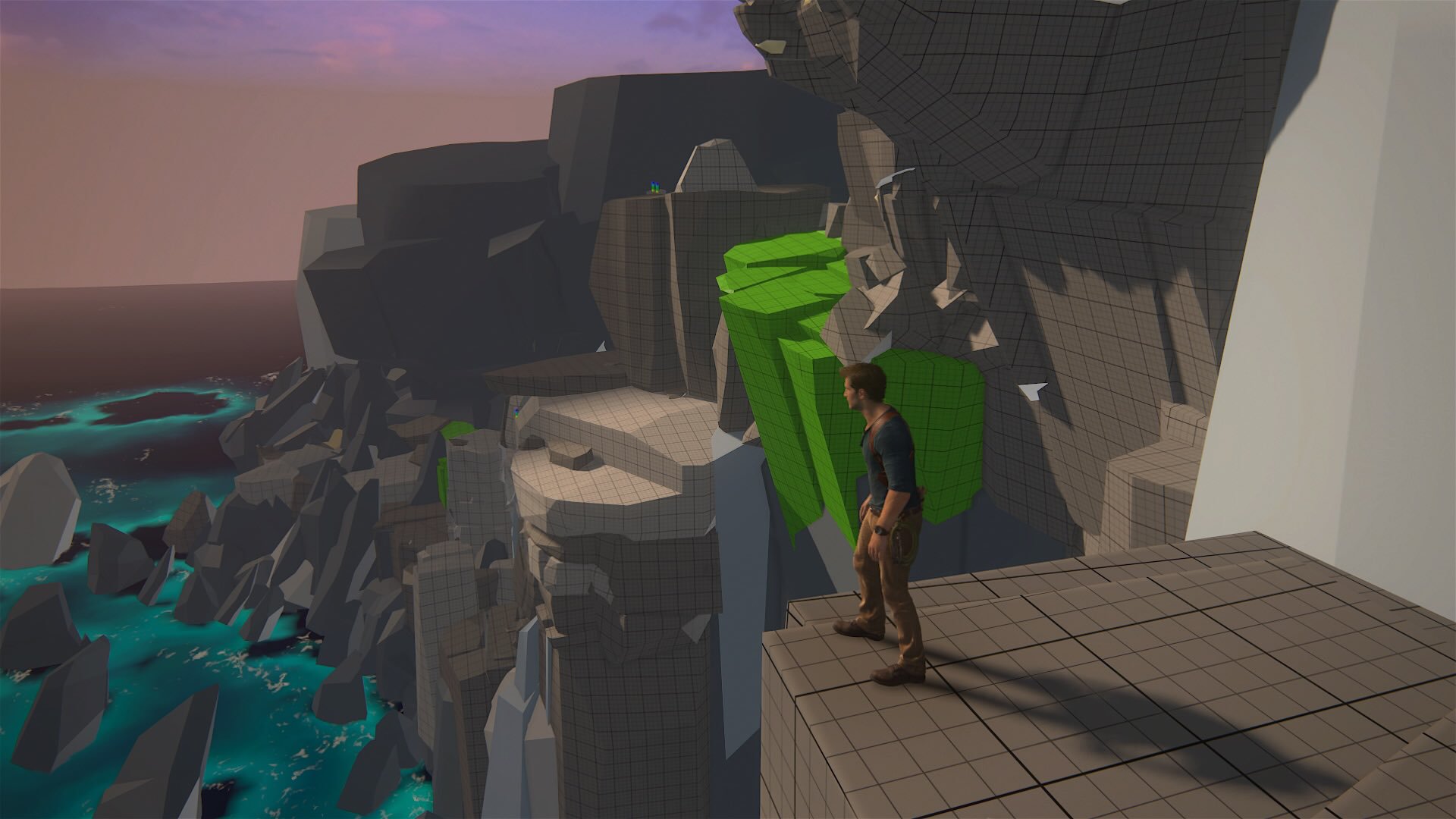 blockout screenshot for a cliff level in Uncharted 4 (Naughty Dog), by Em Schatz